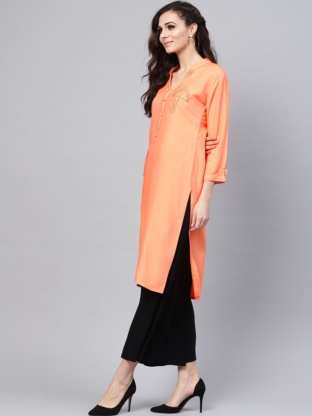 SOJANYA Kurta Lurus Pepejal Warna Peach