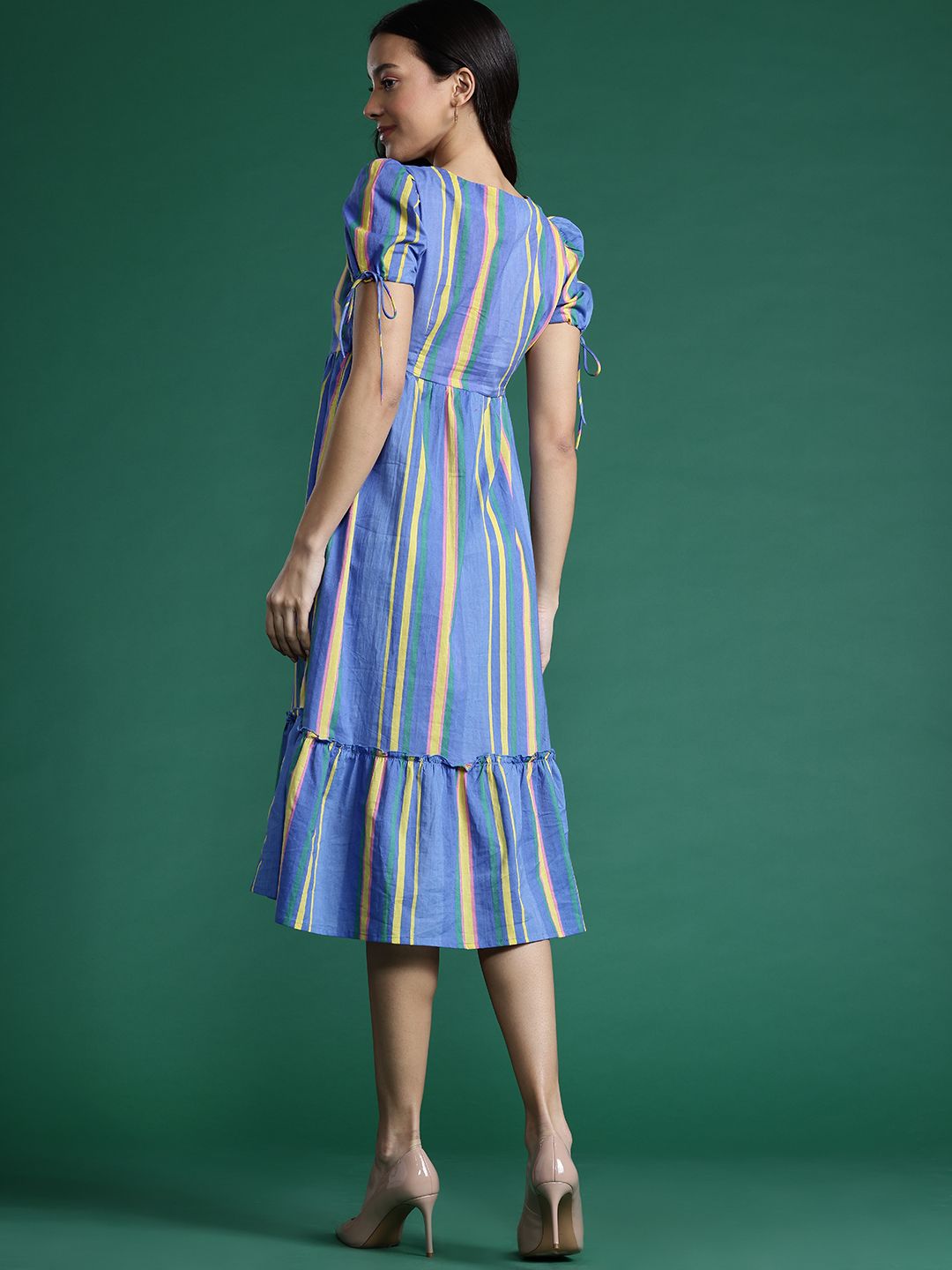 DressBerry Striped Puff Sleeve Fit & Flare Dress
