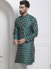 SOJANYA Men Teal & Gold-Toned Jacquard Kurta