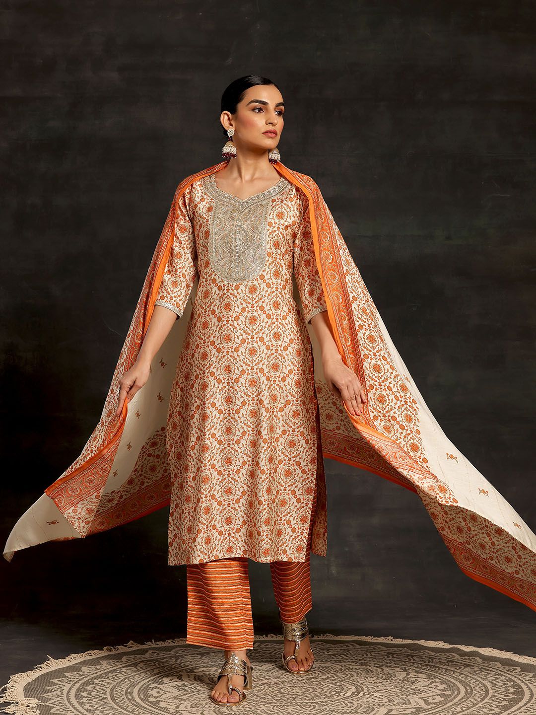 Libas Women Floral Printed Regular Sequinned Kurta with Palazzos & With Dupatta