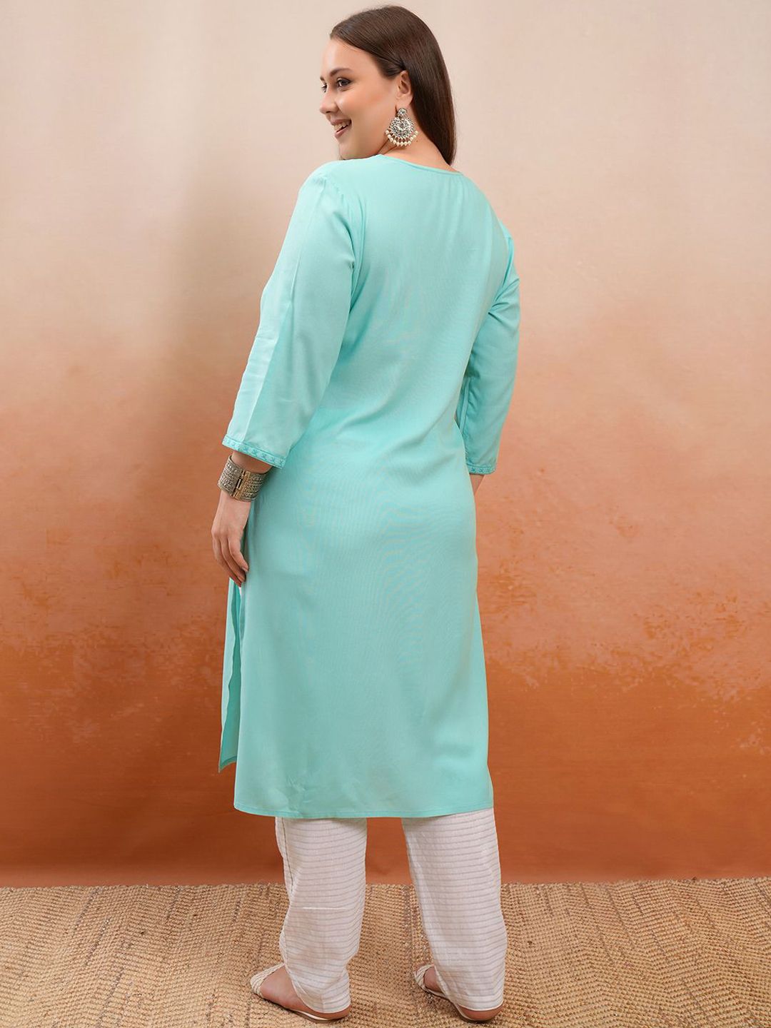 Vishudh Women Plus size Blue Ethnic Motifs Yoke Design Thread Work Straight Kurta