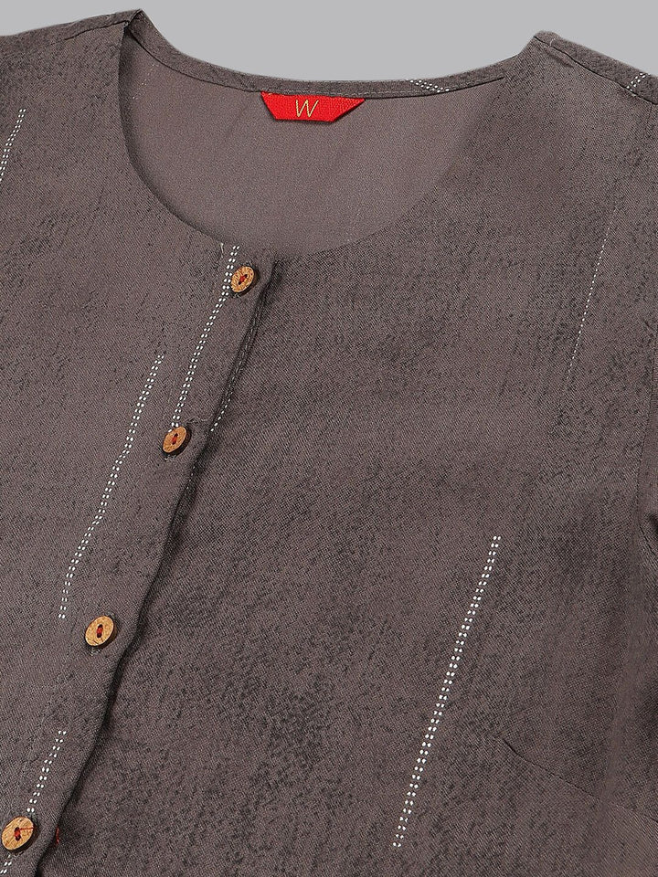 W Women Charcoal Grey Button Down Pleated Kurta