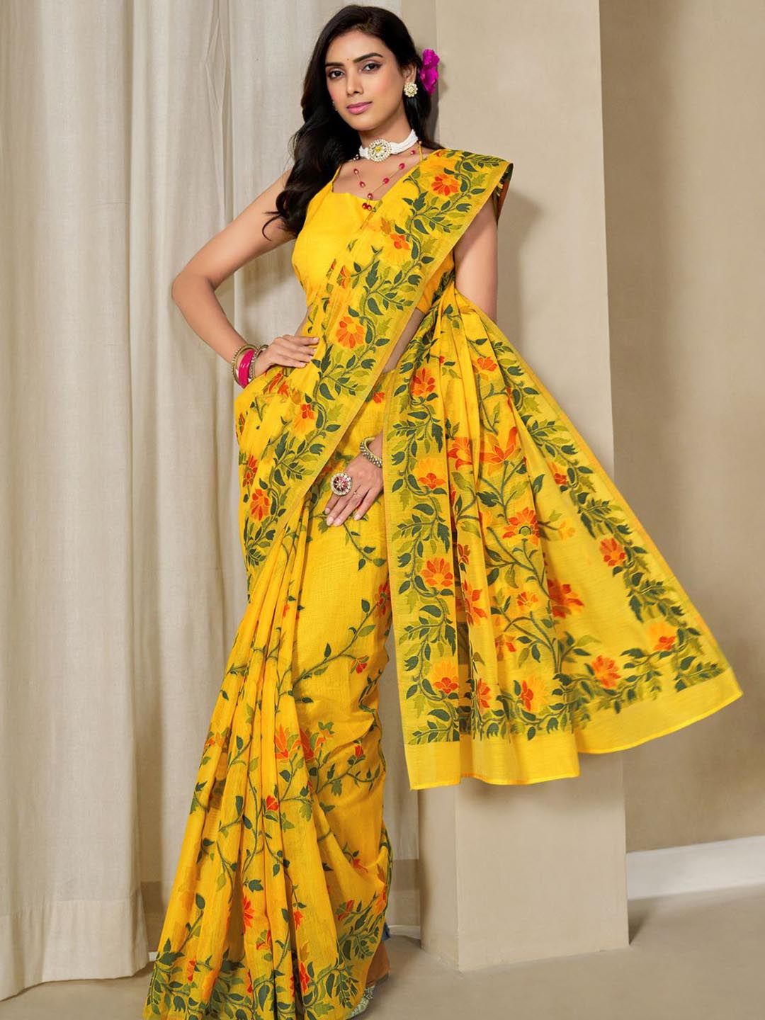 KALINI Yellow Pure Cotton Woven Design Sarees