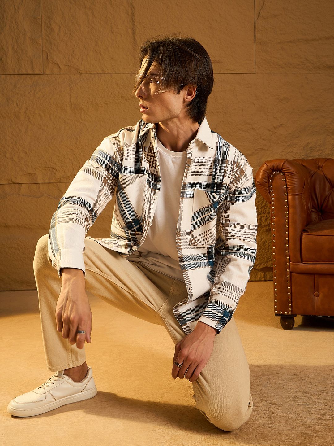 DENNISON Men Double Pocket Drop Shoulder Oversized Cotton Checked Shacket