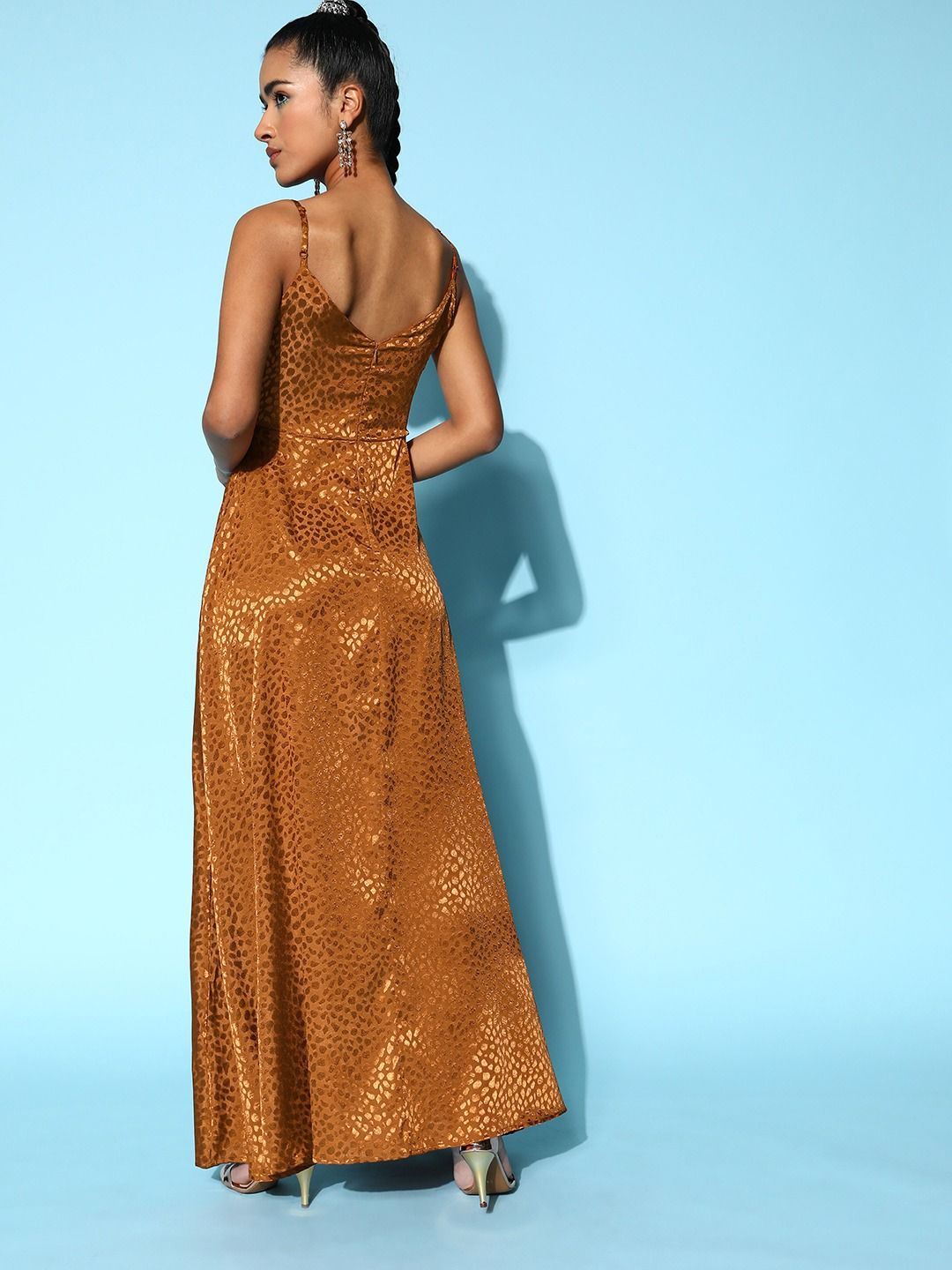 Berrylush Brown Cowl Neck Satin Front Slit A-Line Maxi Dress