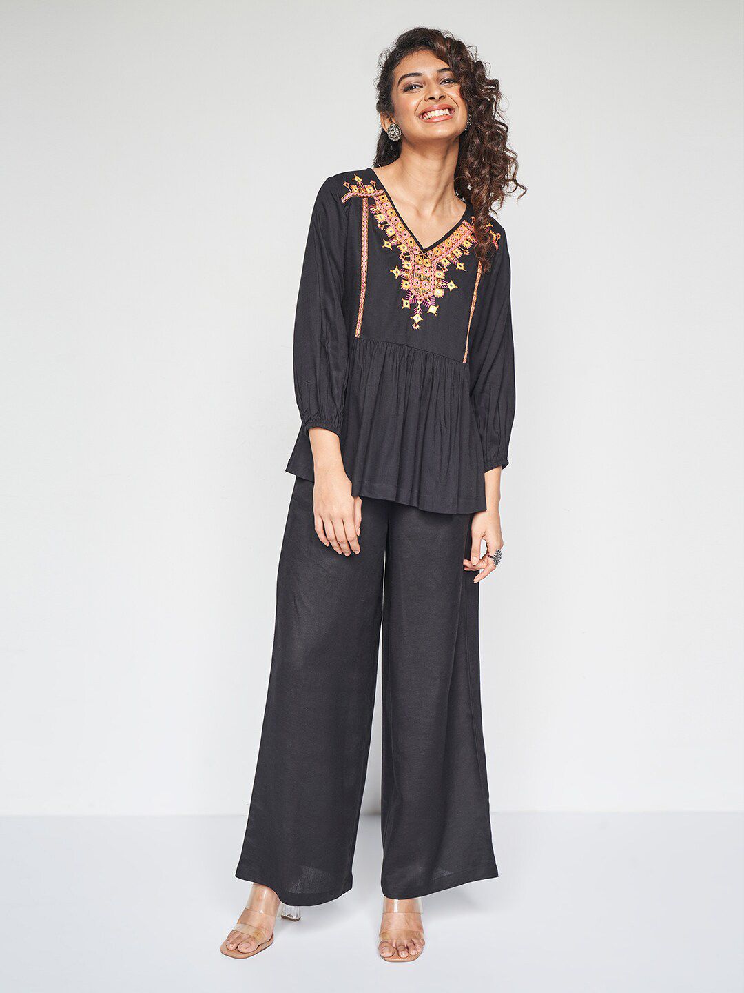 Global Desi Floral Embroidered A-Line Top
