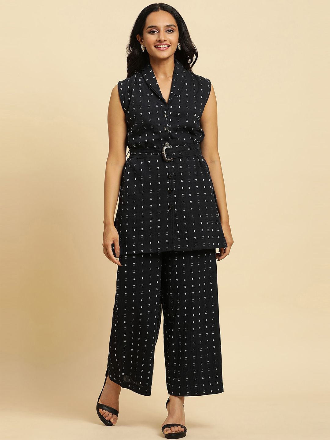 W Navy Blue Geometric Printed Regular Pure Cotton Kurta with Trousers