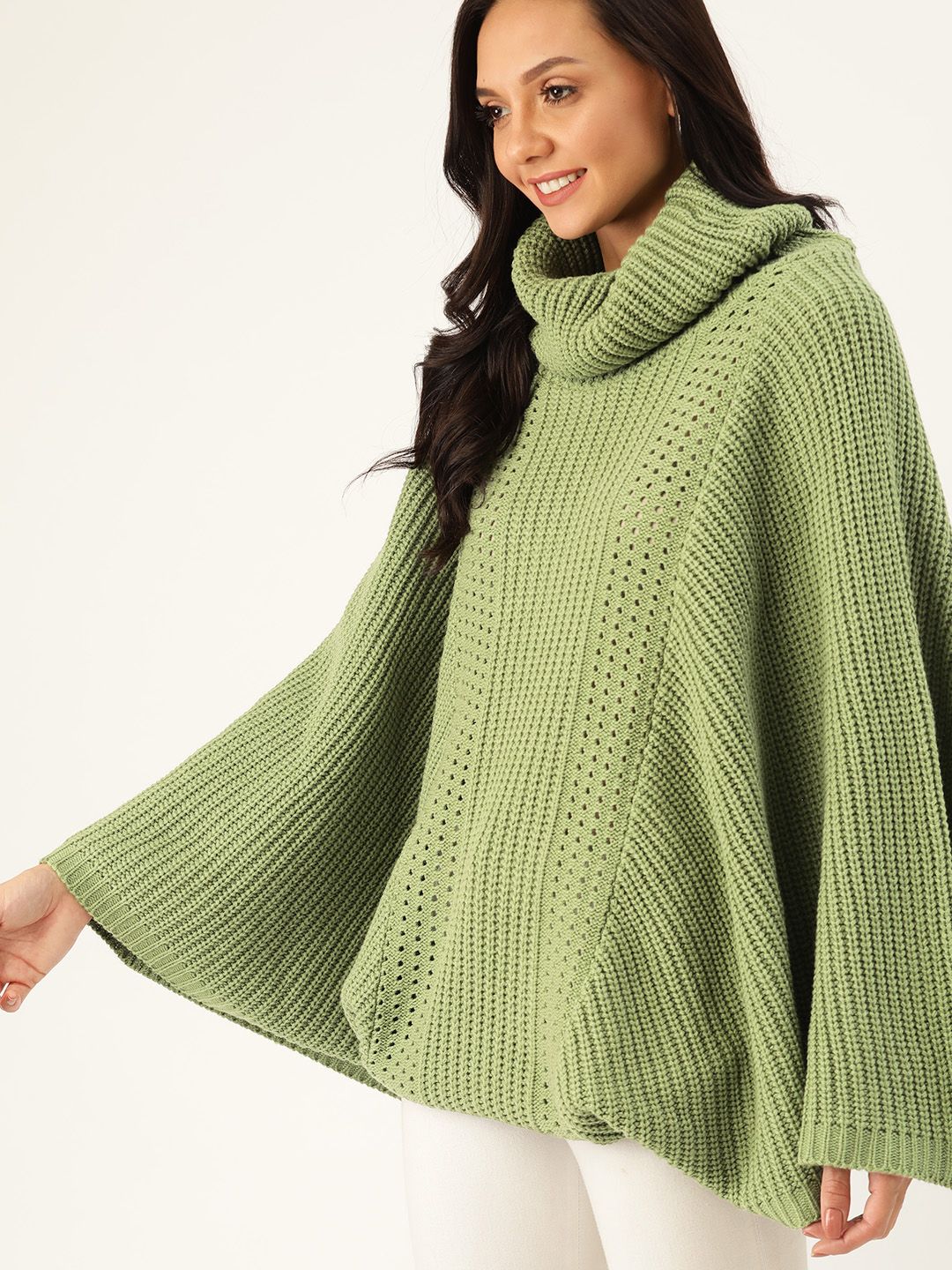 DressBerry Women Mint Green Open Knit Longline Poncho