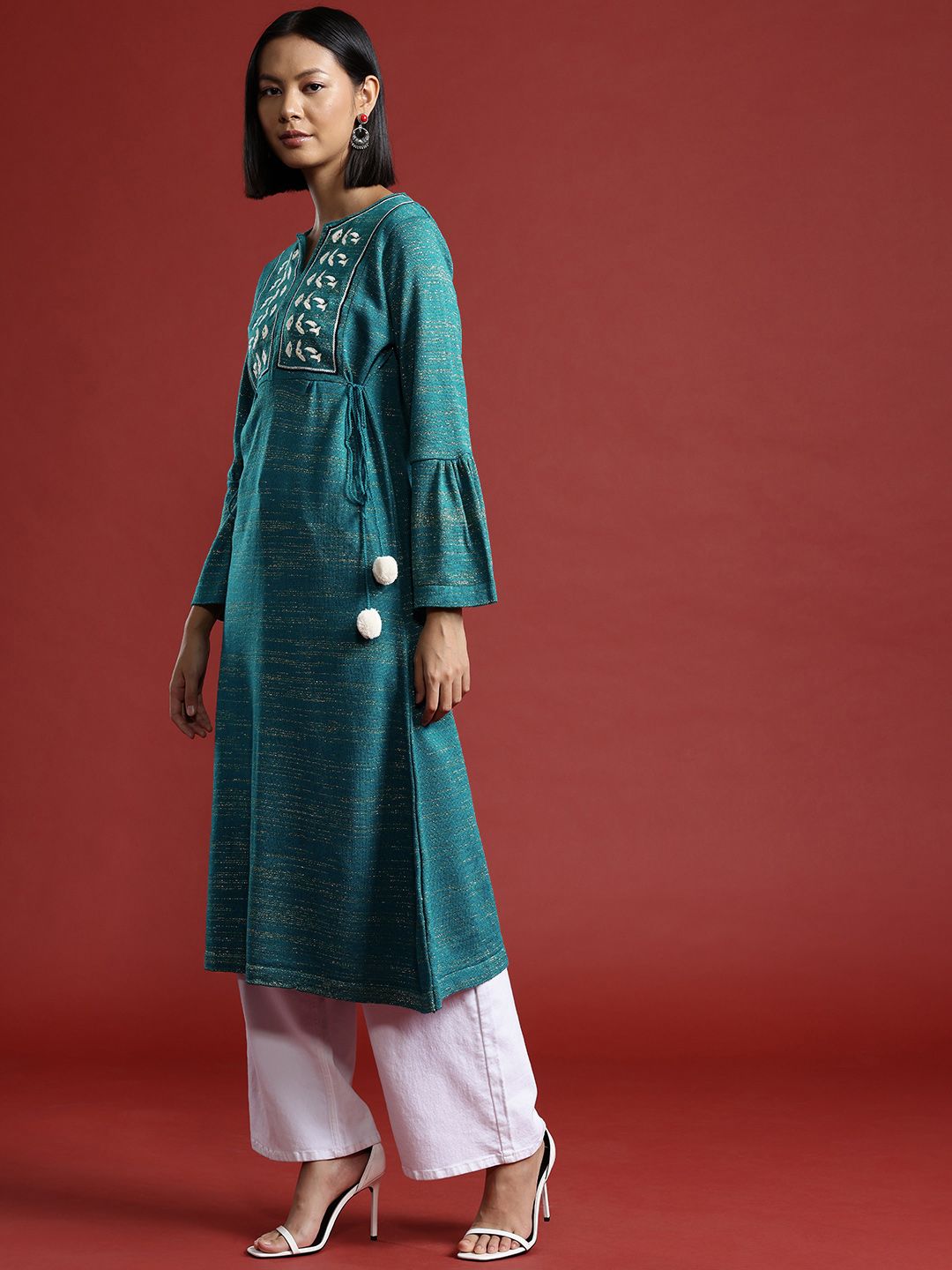 all about you Embroidered Yoke Design Bell Sleeves Kurta