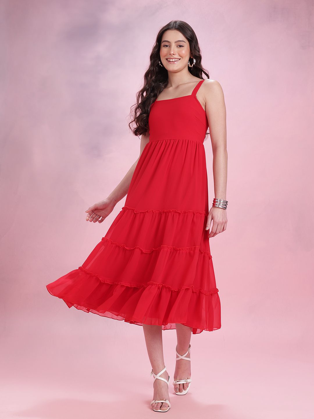 DressBerry Smocked Back Ruffled A-Line Tiered Midi Dress