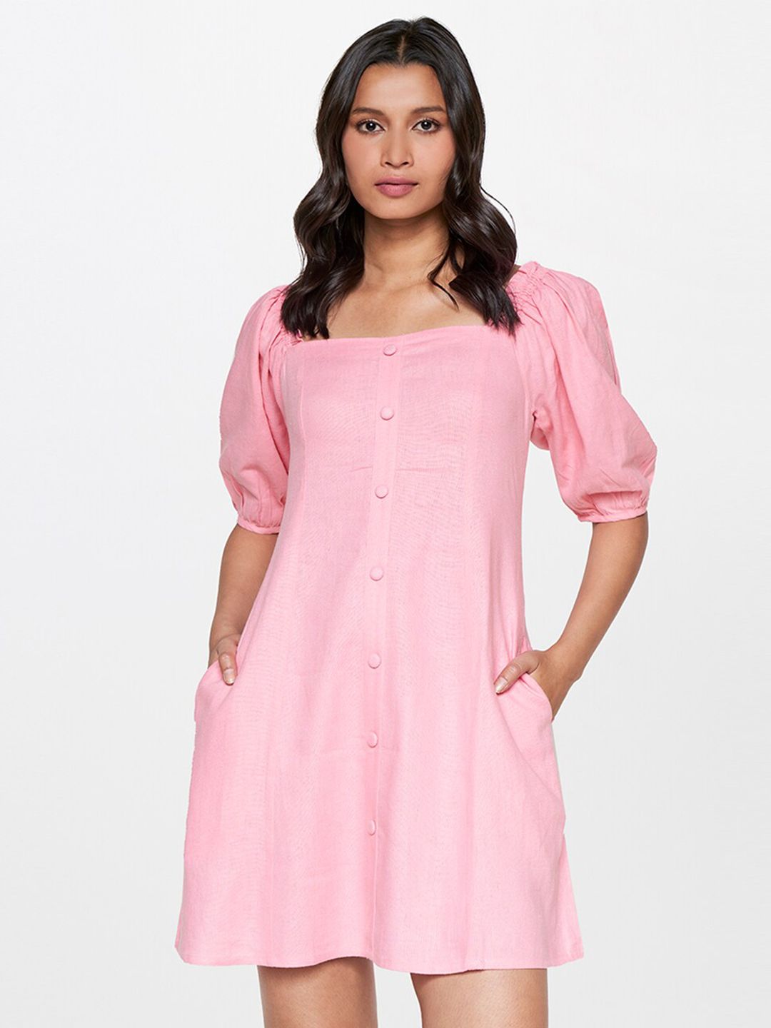 AND Puff Sleeve Linen A-Line Dress