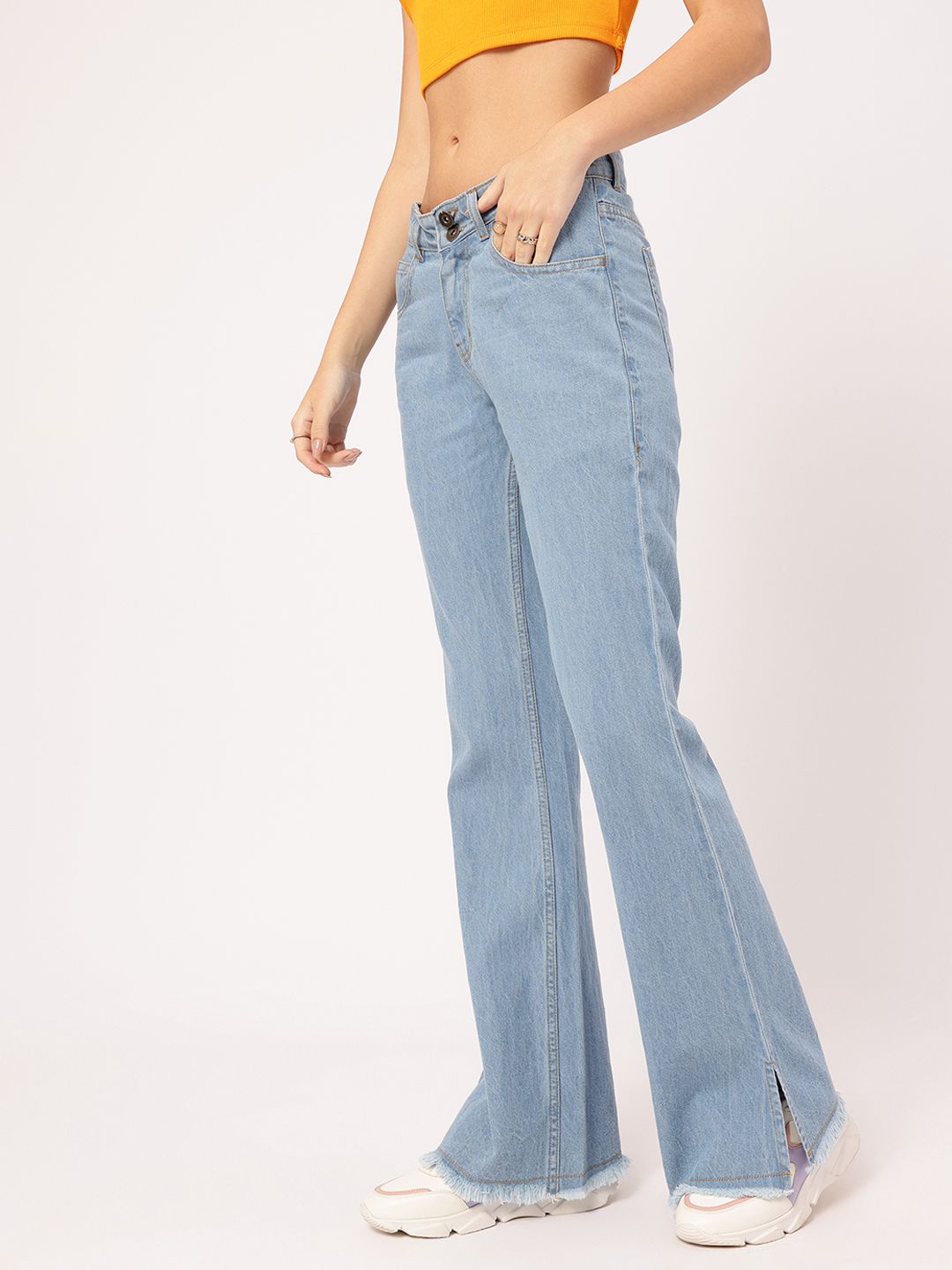 DressBerry Women Stylish Stitches Frayed-Detail Bootcut Jeans
