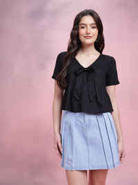 DressBerry Tie-up Detail Pleated Plunge Neck Regular Top