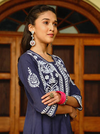 House of Chikankari Women Navy Blue Cotton Chikankari Sulam Set Kurta