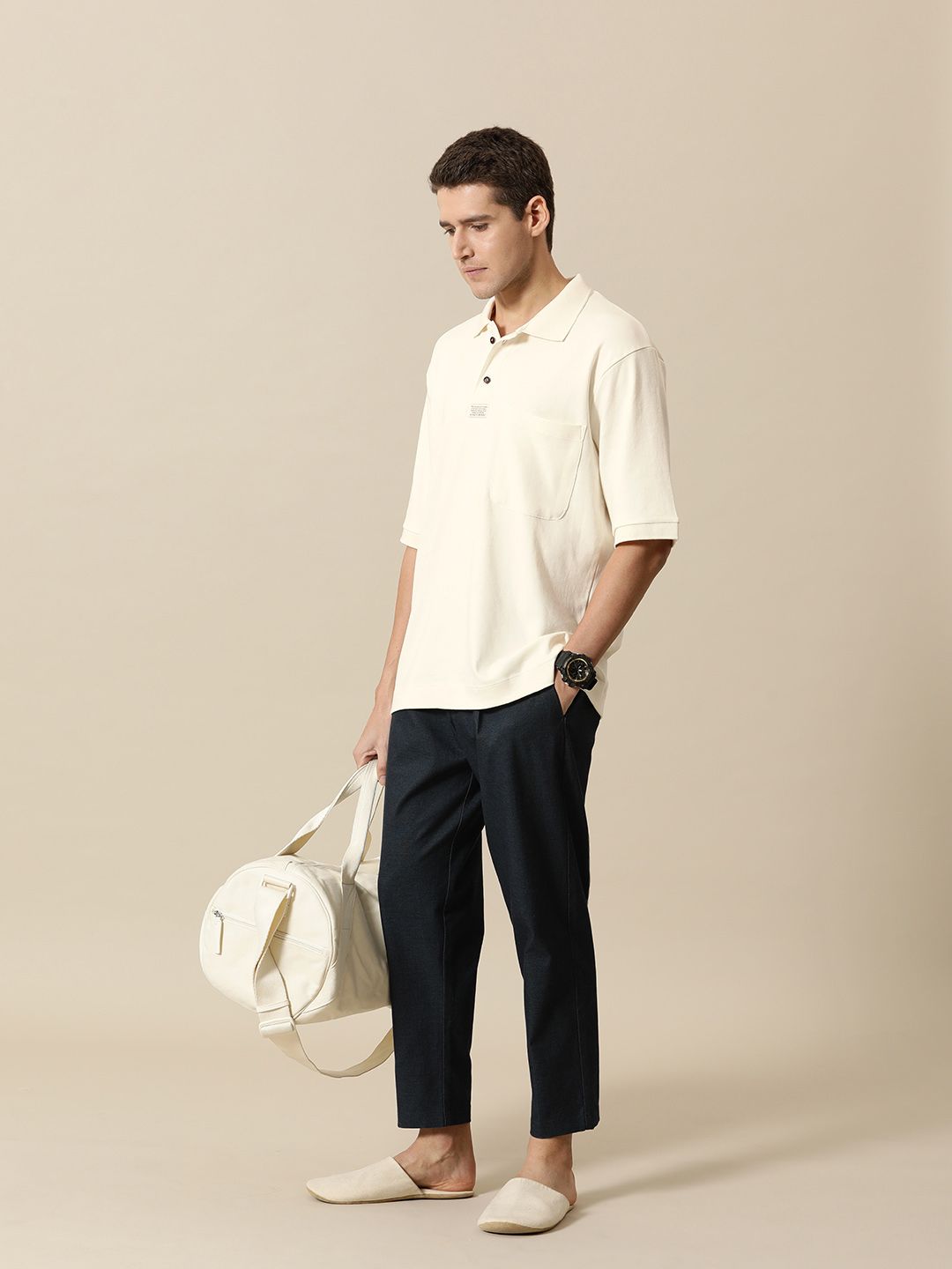 Mr Bowerbird Men Pure Cotton Oversized Polo Collar T-shirt With Chest Pocket