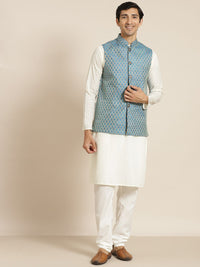 SOJANYA Men Cream-Coloured Chikankari Pure Cotton Kurta with Churidar & Nehru Jacket