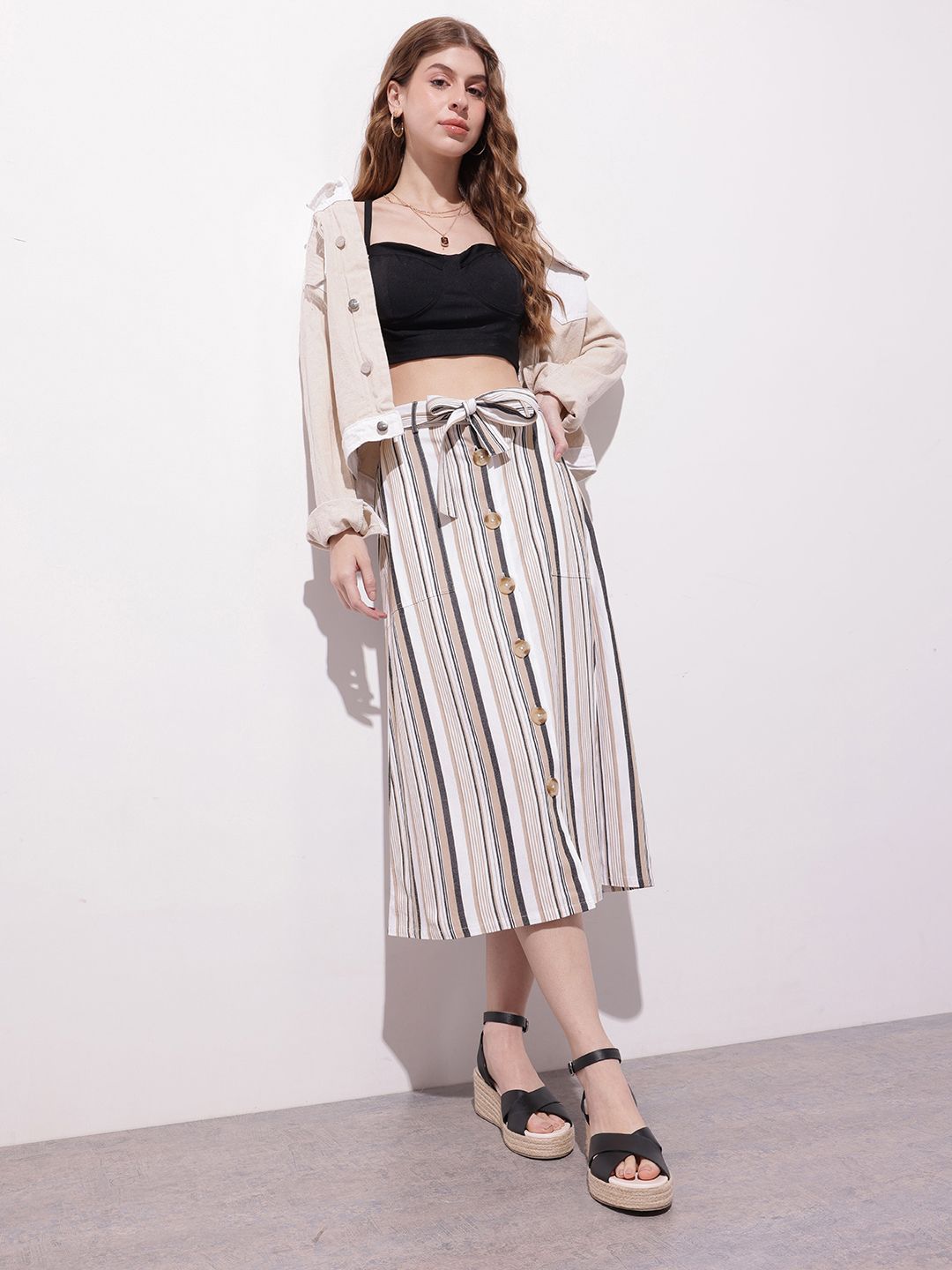 DressBerry Dark Academia Neutral Stripe Belted A-Line Skirt