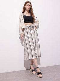 DressBerry Dark Academia Neutral Stripe Belted A-Line Skirt