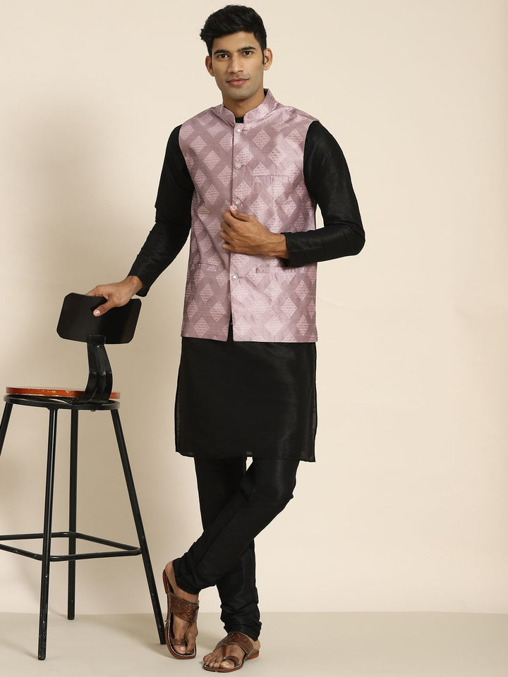 SOJANYA Men Black Kurta with Churidar with Nehru Jacket