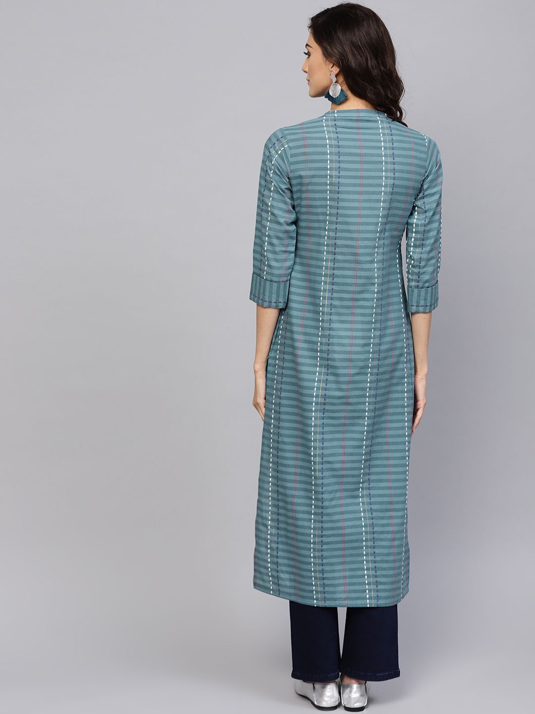 Libas Women Grey Striped Straight Kurta