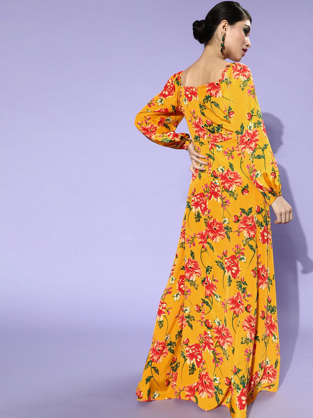 Berrylush Women Yellow Floral Puff Sleeves Dress