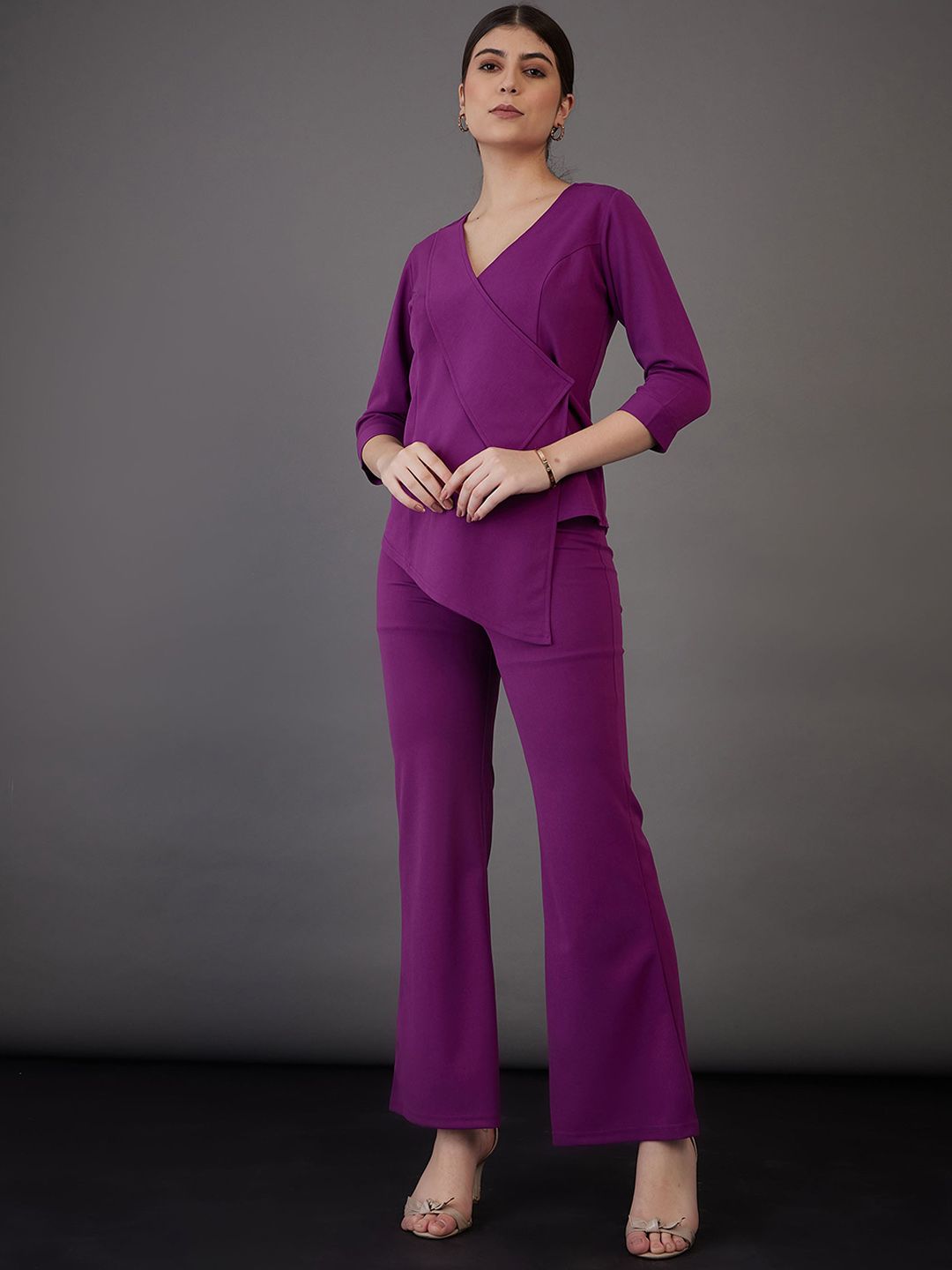SASSAFRAS worklyf Asymmetric Wrap Top With Bell Bottom Trousers