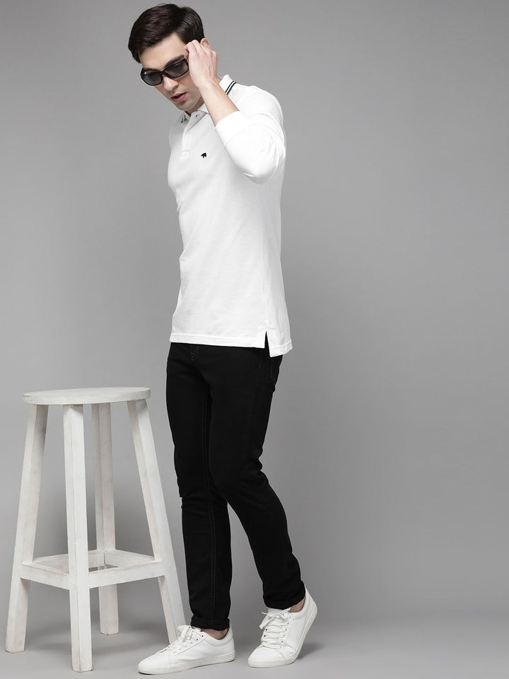 THE BEAR HOUSE Men White OverDyed Pure Cotton Polo Collar Slim Fit T-shirt