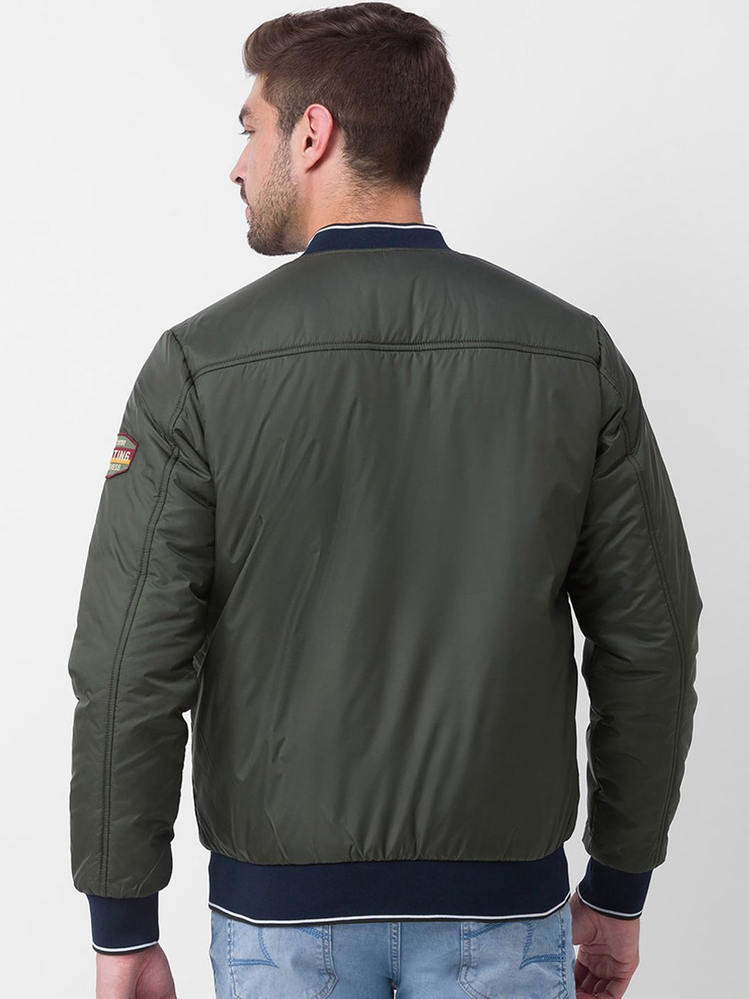 SPYKAR Men Blue Striped Bomber with Patchwork Jacket