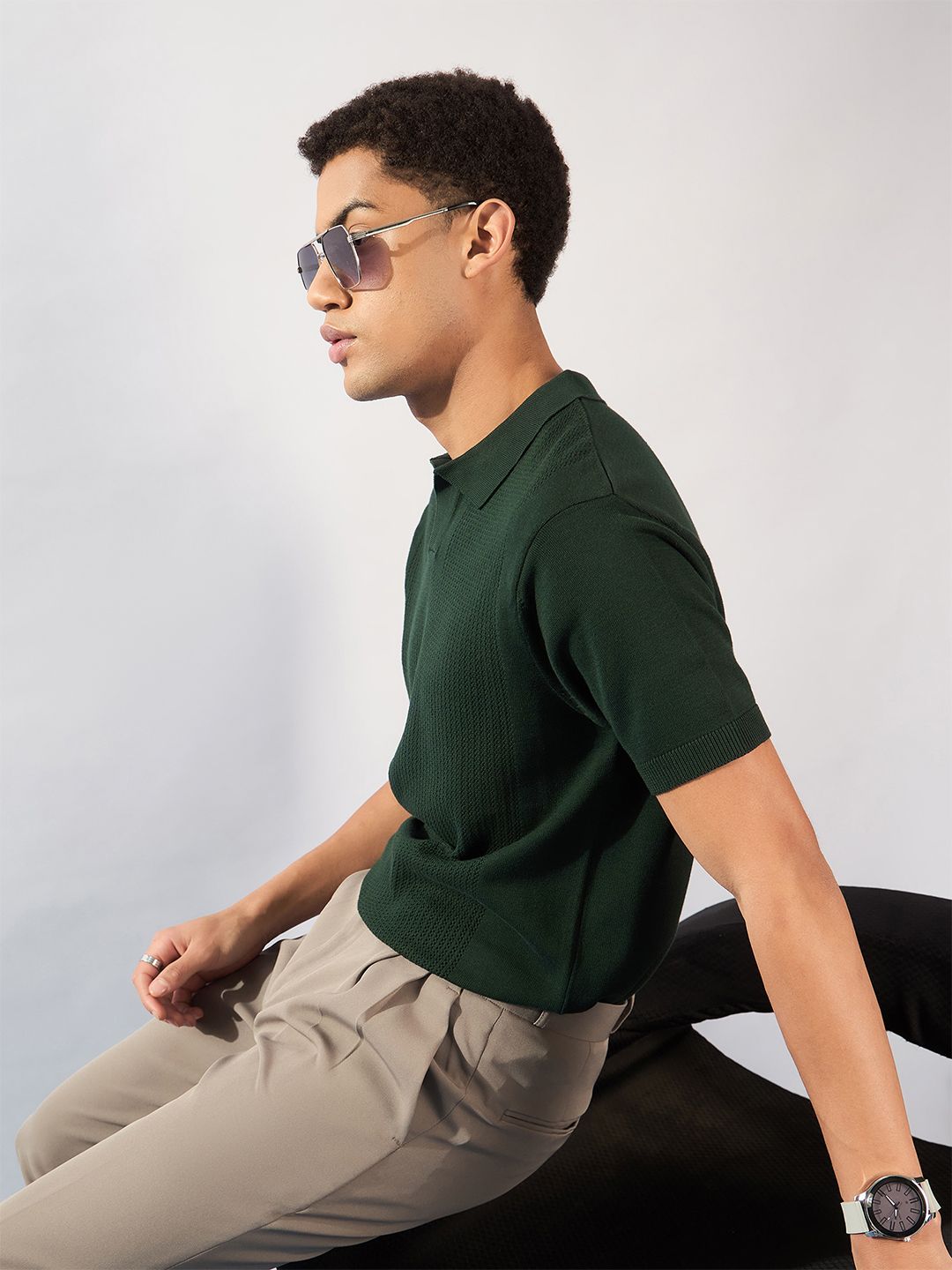 DENNISON Men Textured Polo Collar Knitted T-Shirt