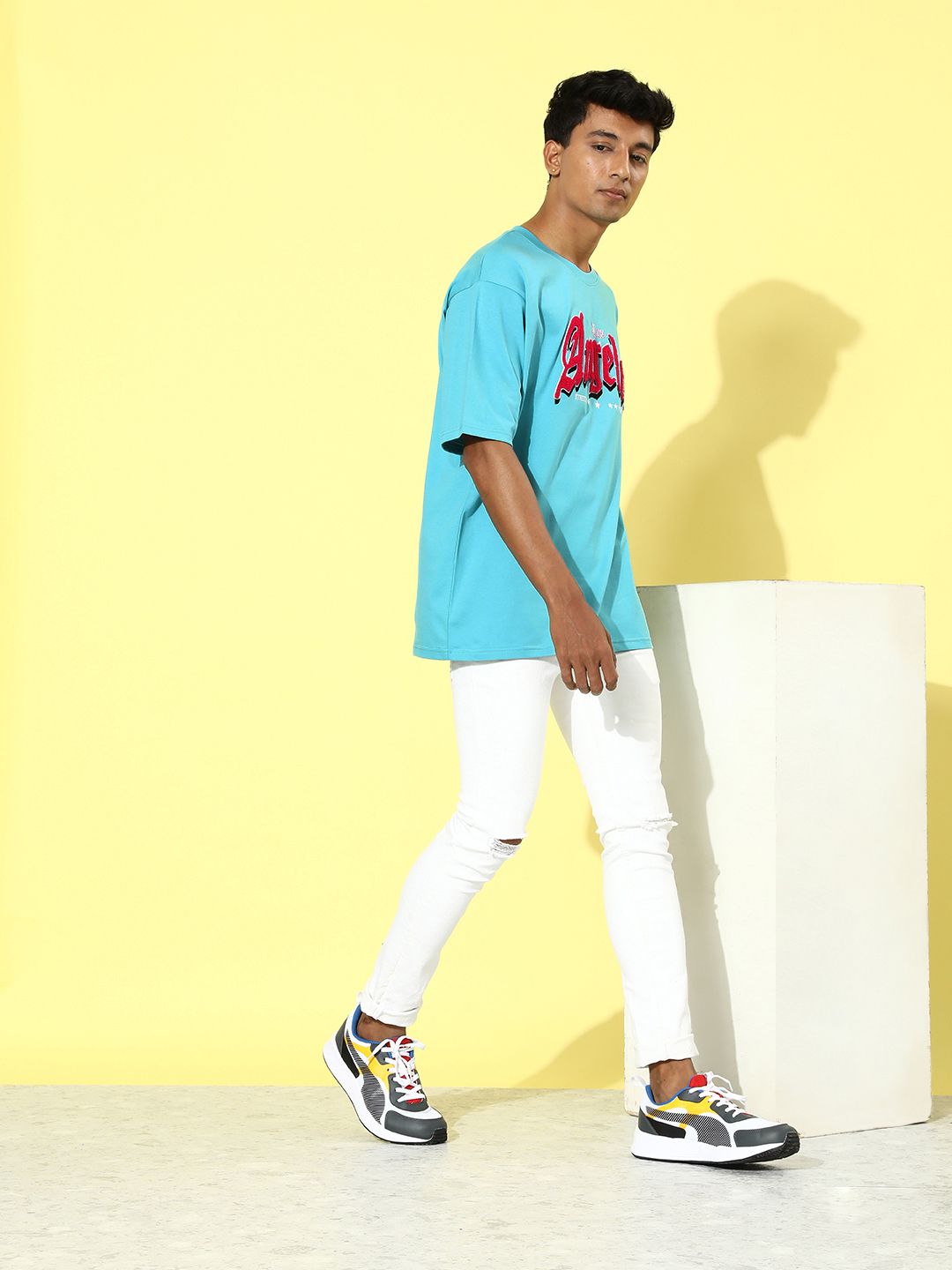 Difference of Opinion Men Blue Typography Embroidered Oversize Pure Cotton Longline T-shirt