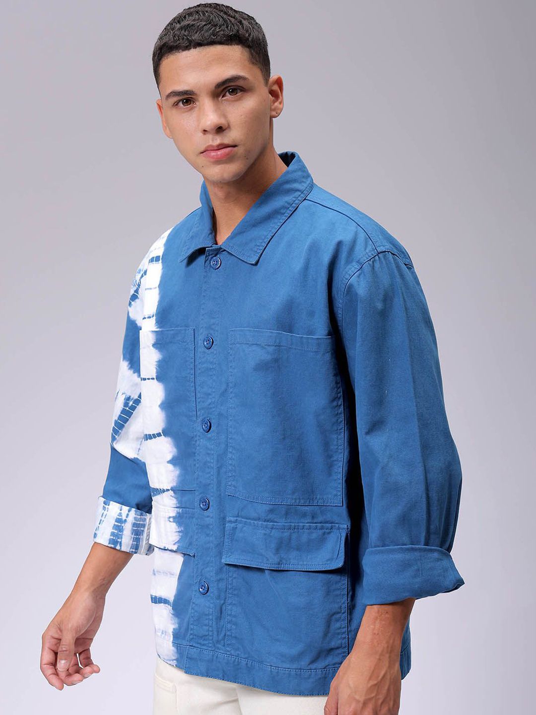 The Indian Garage Co Men Tie and Dye Denim Jacket with Patchwork