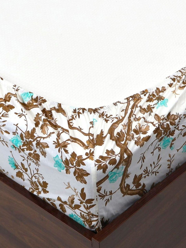 BOMBAY DYEING Brown Floral Cotton 144 TC Fitted Queen Bedsheet Set-1.52cmX1.98 cmX 30 cm