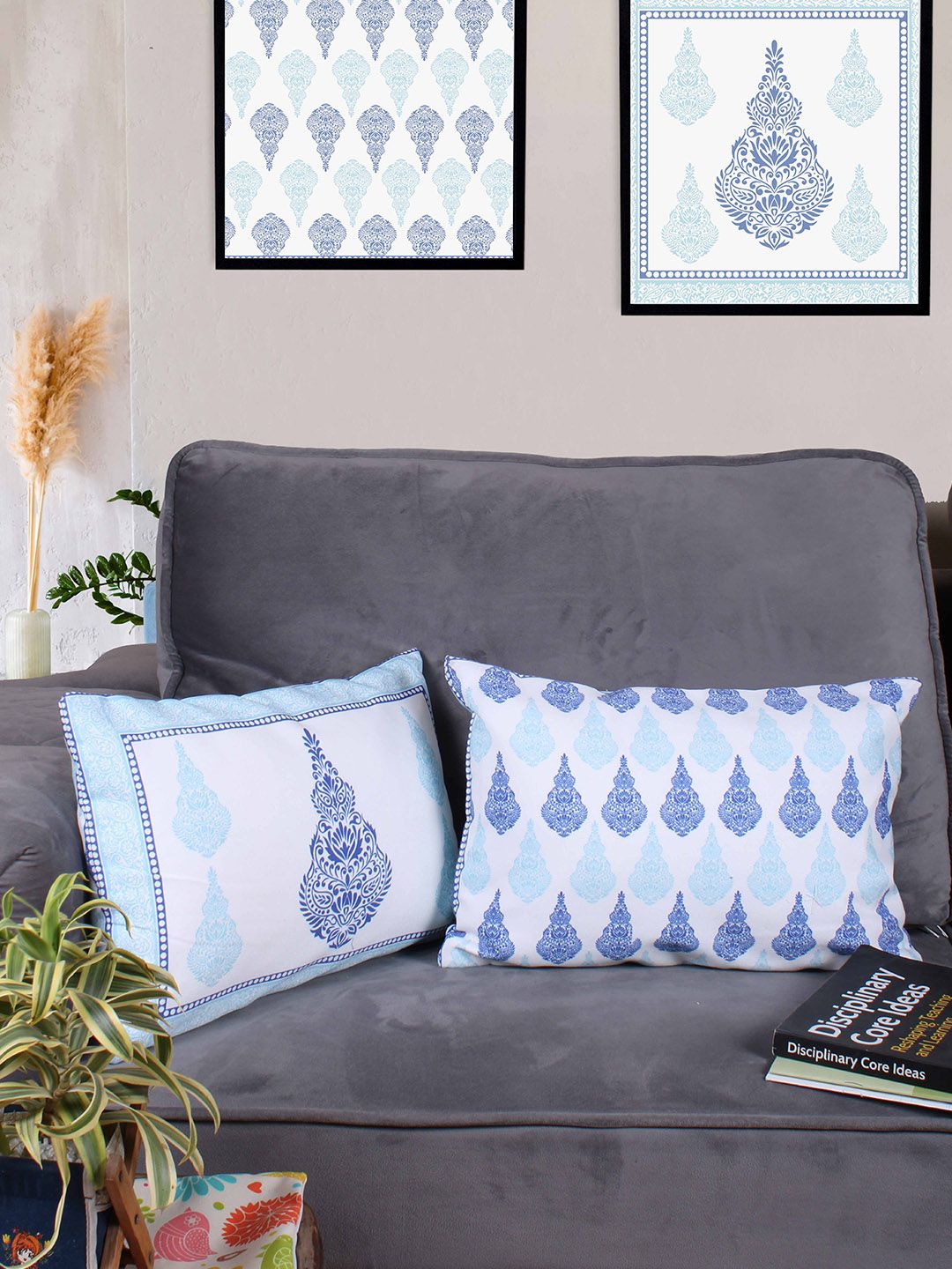 STITCHNEST White & Blue 2 Pieces Ethnic Motifs Rectangle Cushion Covers