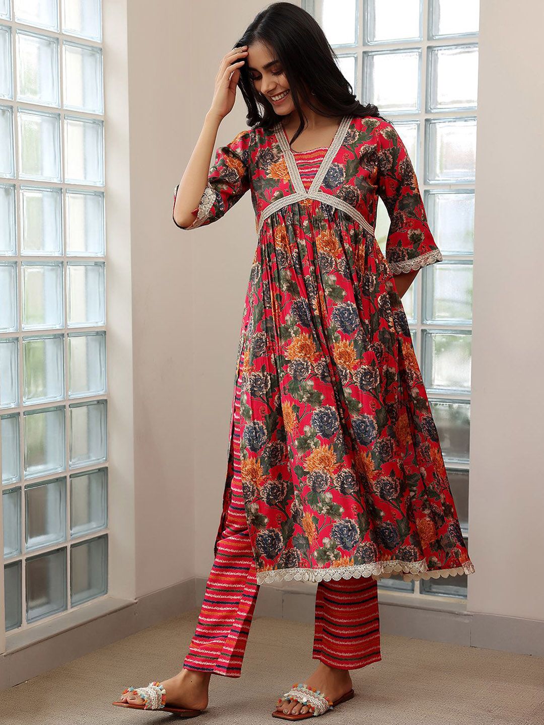 Libas Floral Printed Empire Sequinned A Line Kurta with Trousers & Dupatta