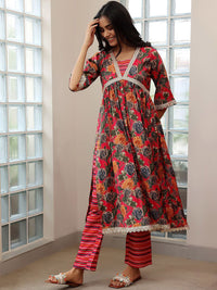 Libas Floral Printed Empire Sequinned A Line Kurta with Trousers & Dupatta