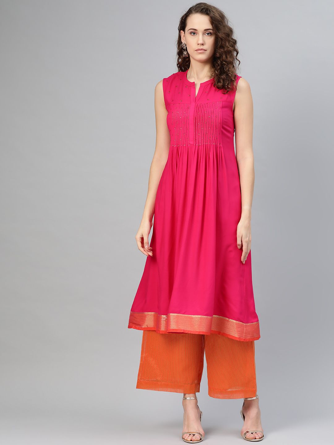 W Women Pink & Orange Printed Layered Straight Kurta with Trousers