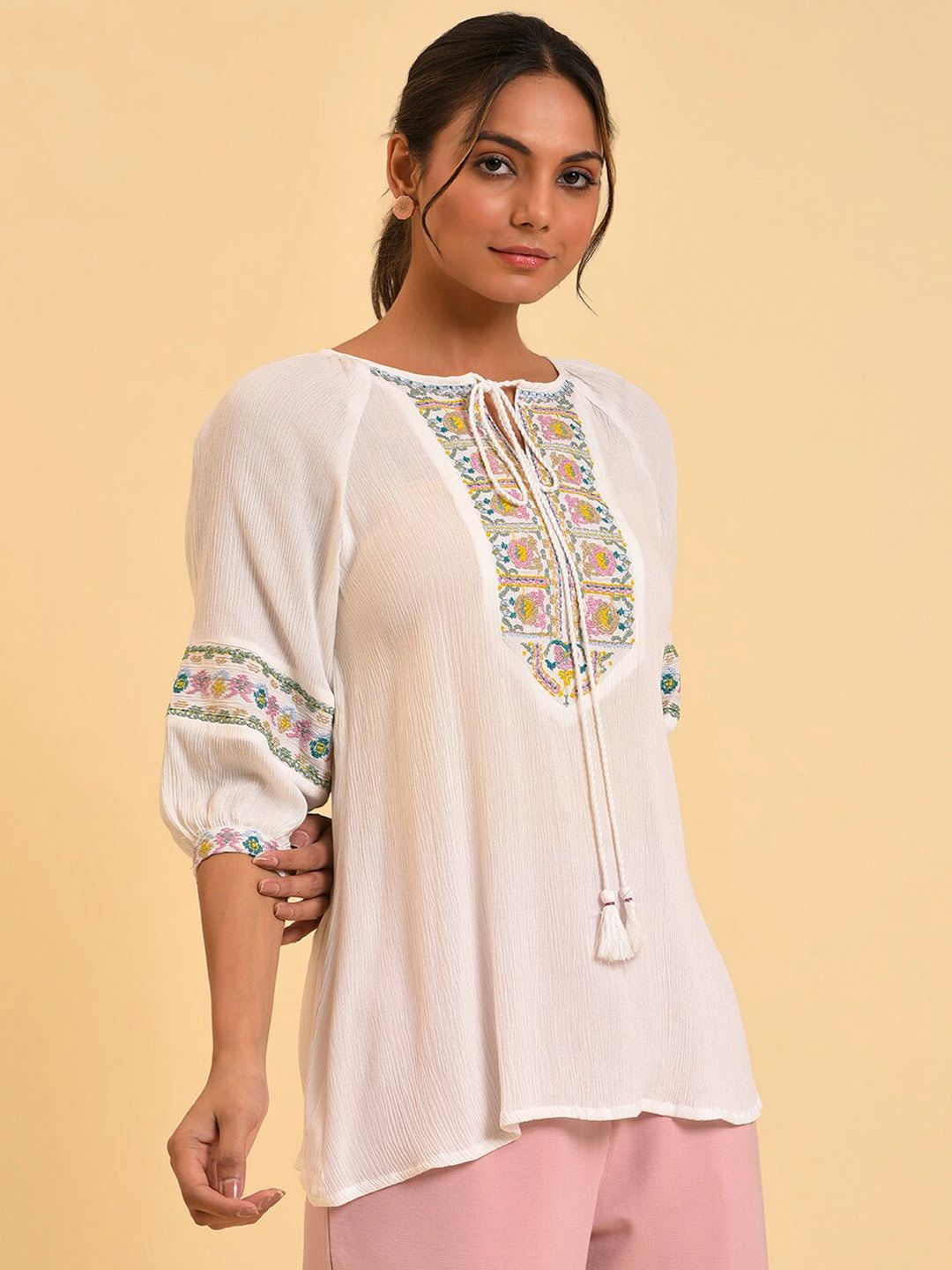 W White Tie-Up Neck Embroidered Raglan Sleeve Top
