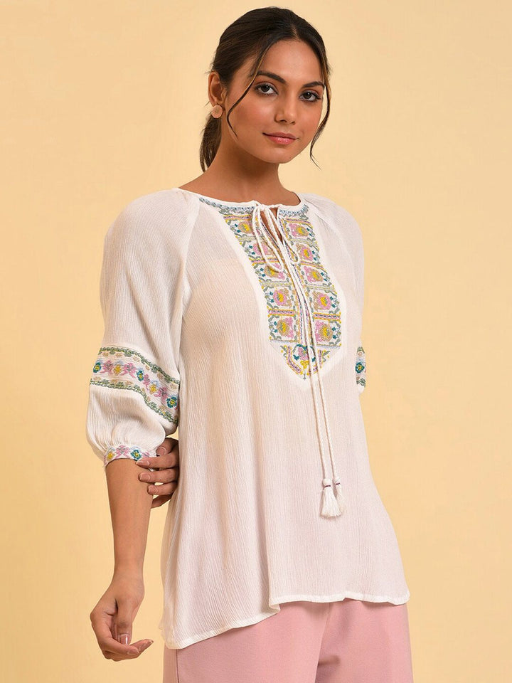 W White Tie-Up Neck Embroidered Raglan Sleeve Top