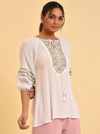 W White Tie-Up Neck Embroidered Raglan Sleeve Top