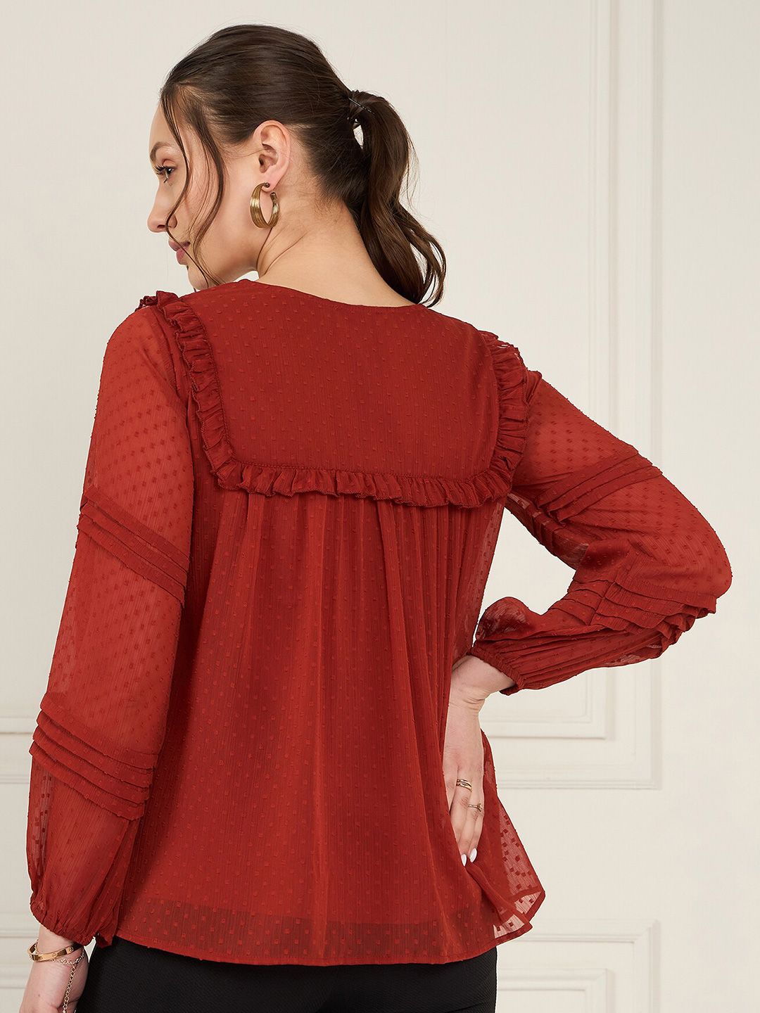 Antheaa Tie-Up Neck Puff Sleeve Chiffon Top