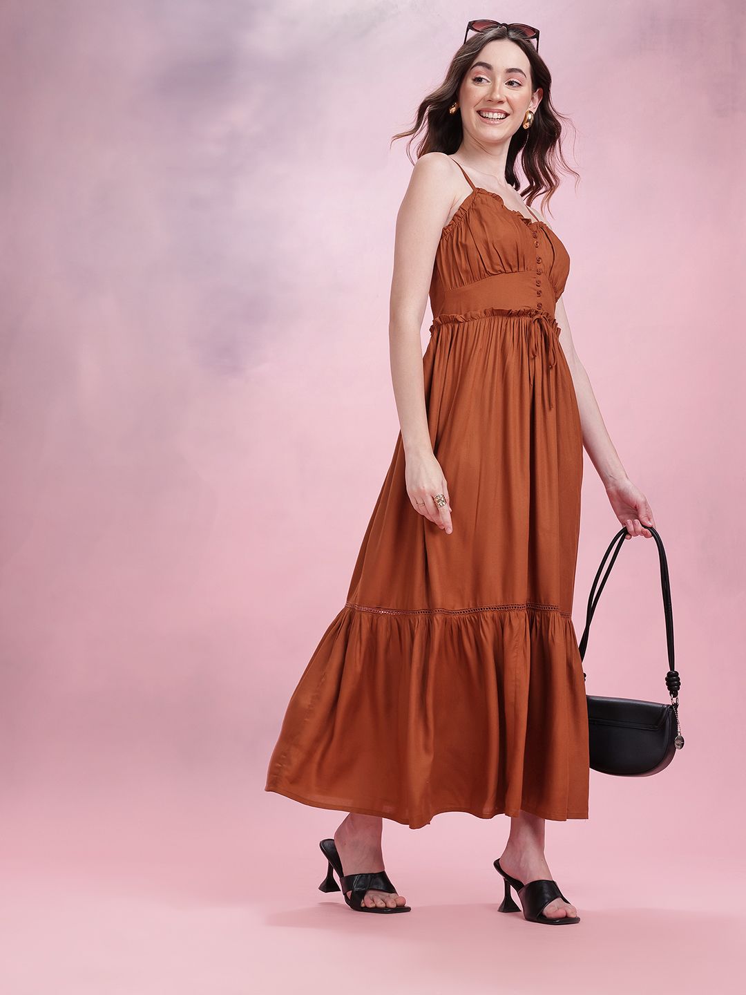 DressBerry Shoulder Straps Ruffle & Tie-Up Detail Midi Empire Dress