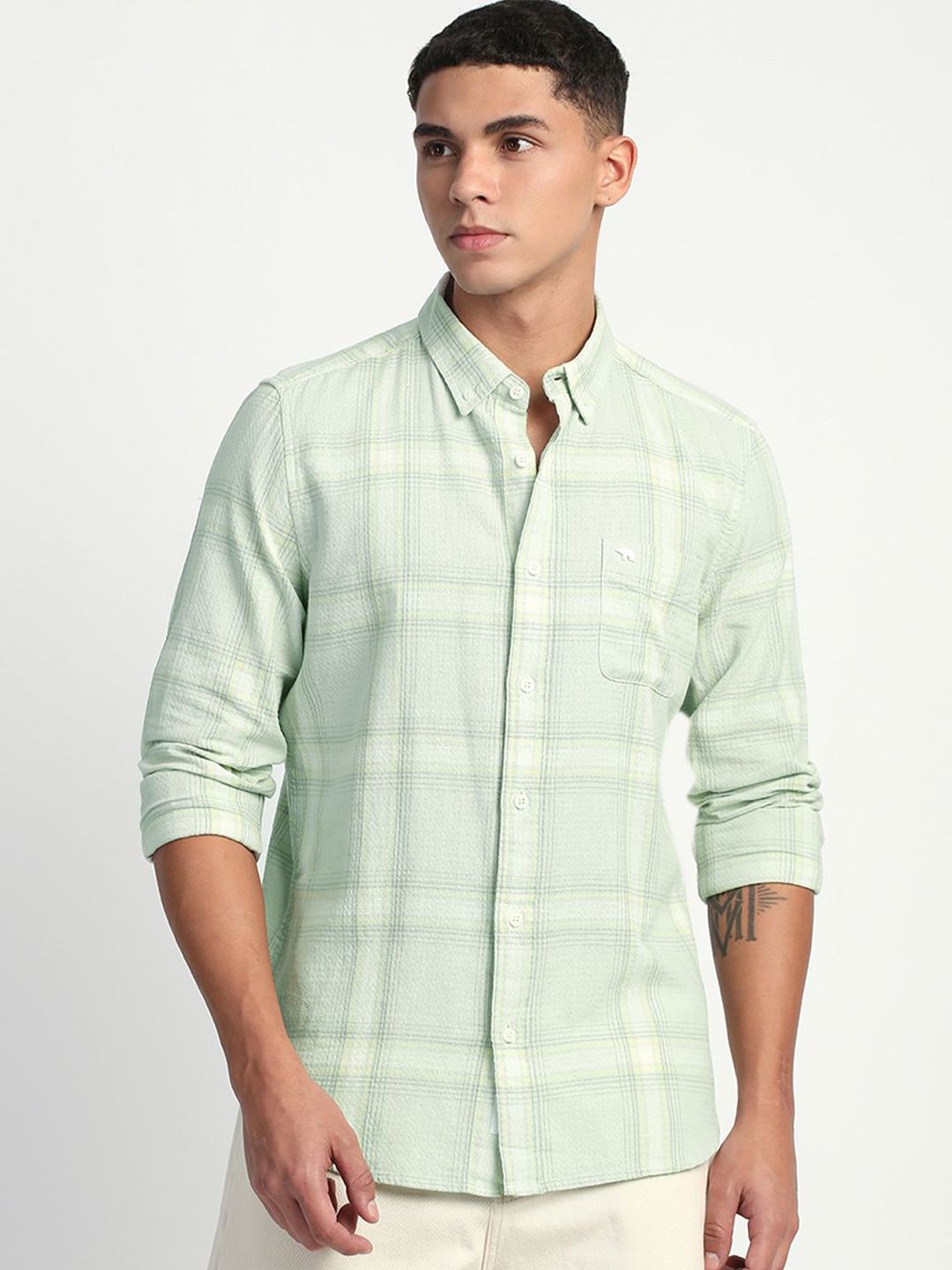 THE BEAR HOUSE Men Slim Fit Windowpane Checks Opaque Pure Cotton Casual Shirt