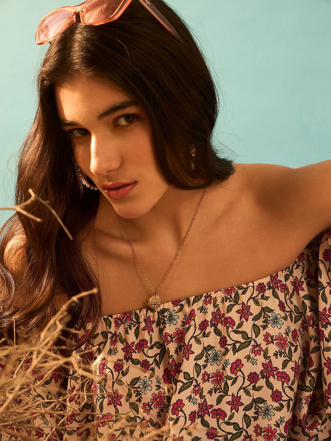 Berrylush Curve Pink Floral Printed Off  Shoulder Flared Sleeve Bardot Top