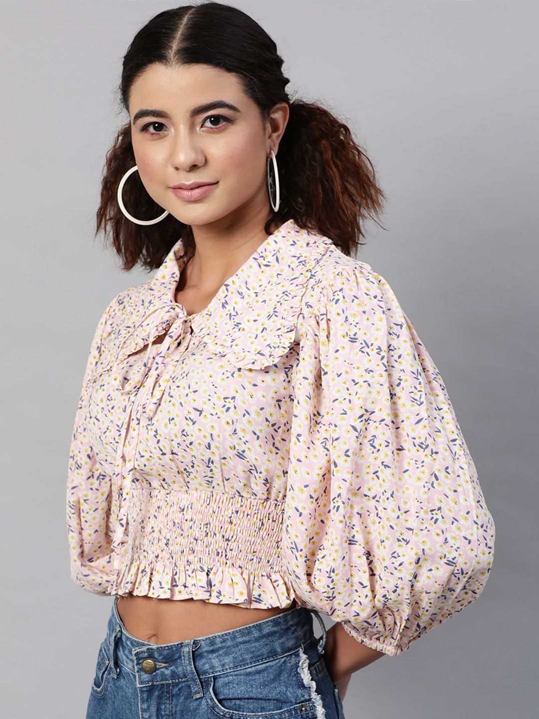 STREET 9 Women Pink Floral Tie-Up Neck Cinched Waist Crop Top