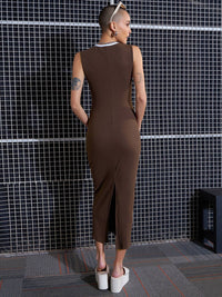 SASSAFRAS Brown Square Neck Sheath Midi Dress
