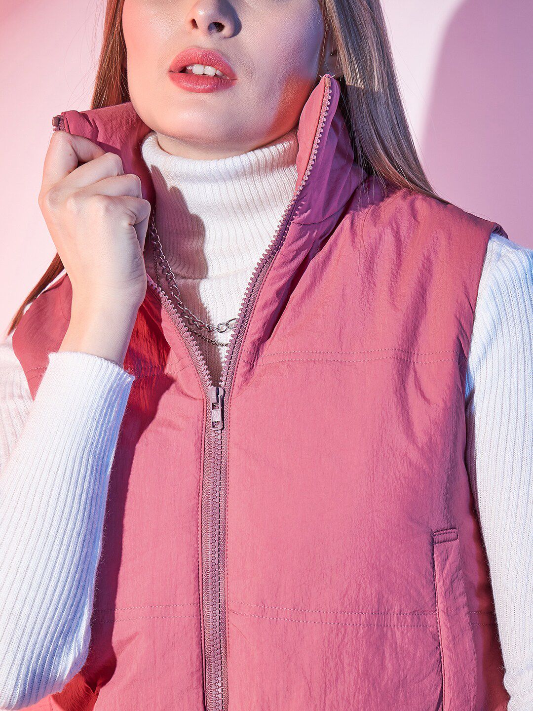 STREET 9 Pink Stand Collar Lightweight Sleeveless Crop Puffer Jacket
