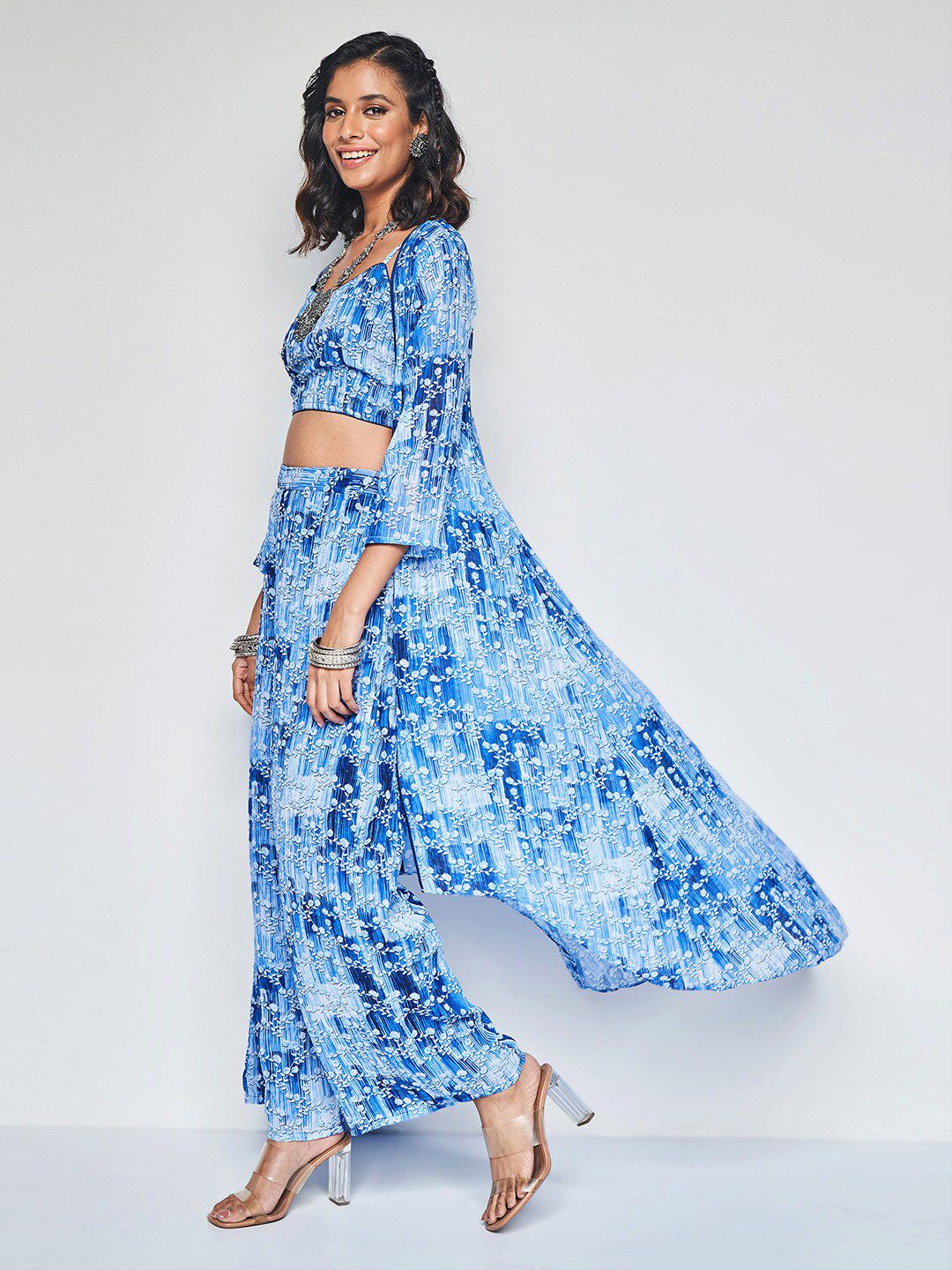 Global Desi Floral Printed Top With Shrug & Trousers Co-Ords