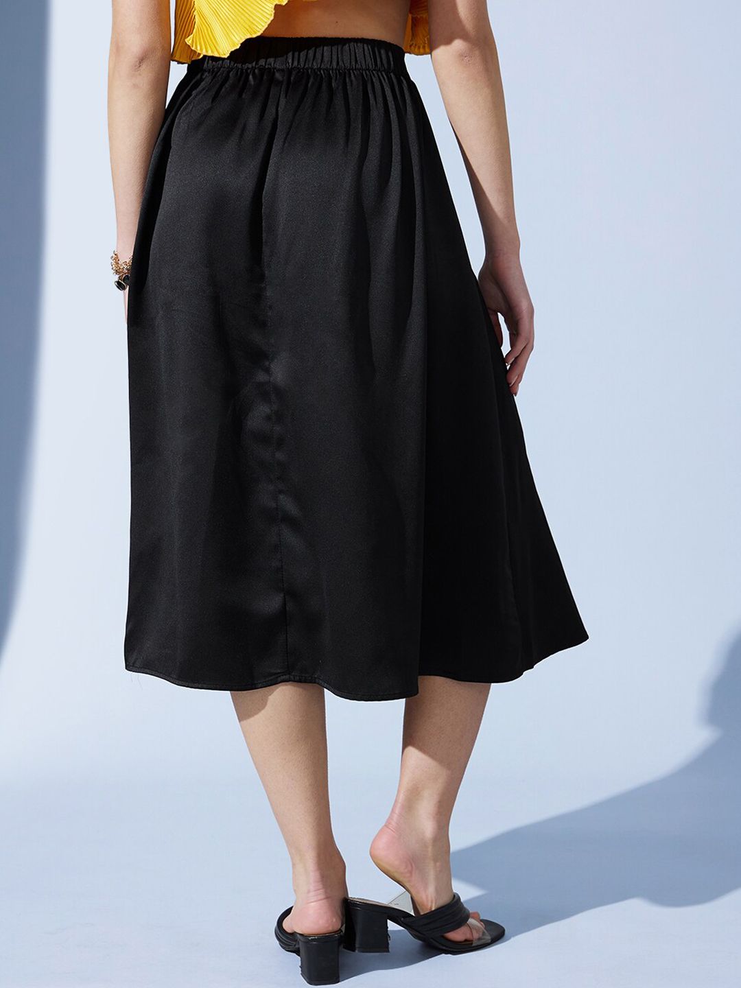 STREET 9 Black Satin A-Line Midi Skirt