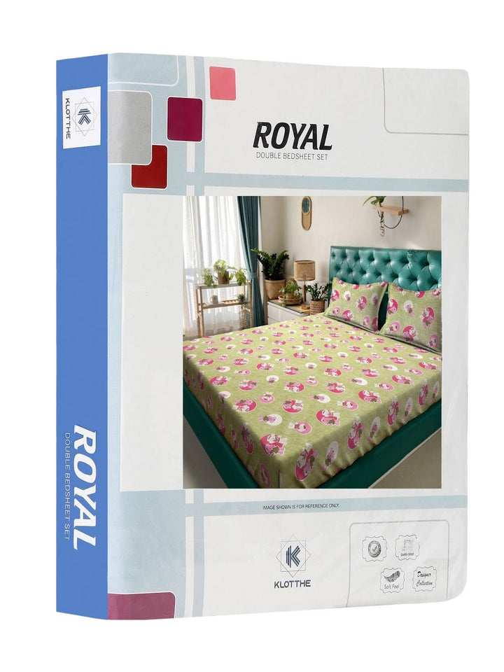 KLOTTHE Green Conversational Pure Cotton 400 TC Fitted King Superfine Bedsheet with 2 Pillow Covers-98 x 89 inches