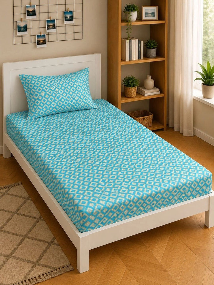 Moda Rapido X KLOTTHE Turquoise Blue Geometric 300 TC Cadar Tempat Tidur Single dengan 1 Sarung Bantal